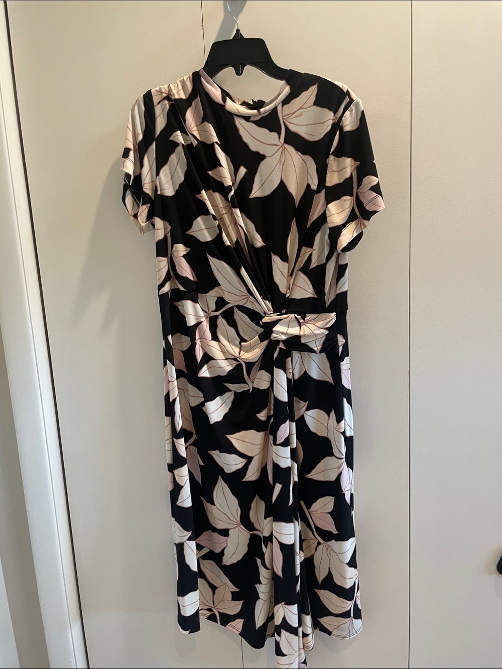 Maggy London Black Midi Dress with Cream & Light Pink Leaf Print